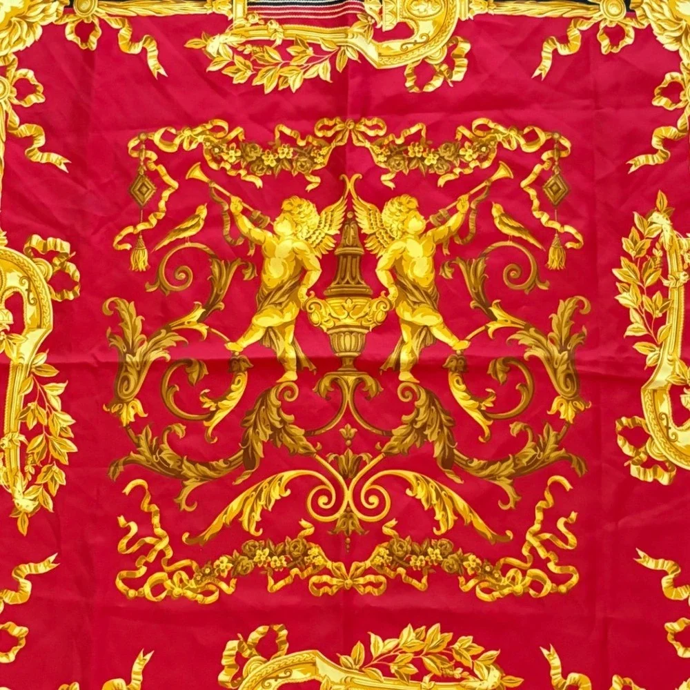 Gianfranco Ferre Silk Scarf Red Gold Baroque Lion Cherub Angels Lyre 34x34